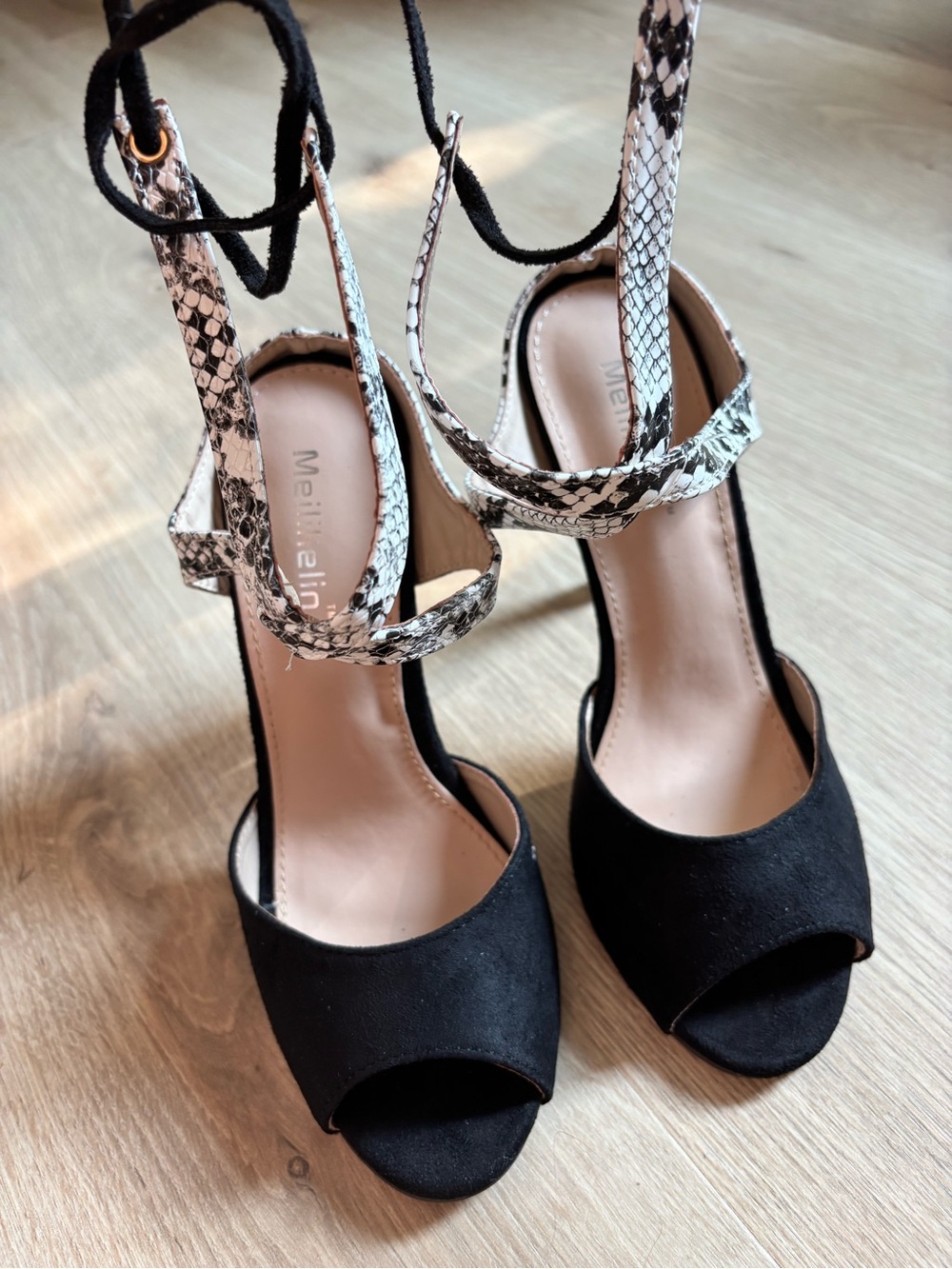 Merrell Black Suede Peep-Toe Heels with Snake-Print Ankle Straps